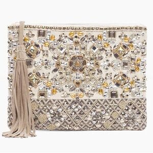 Chico’s‎ Betsy Beaded Clutch Purse Tan Jeweled Glam Coastal Wedding Boho Party